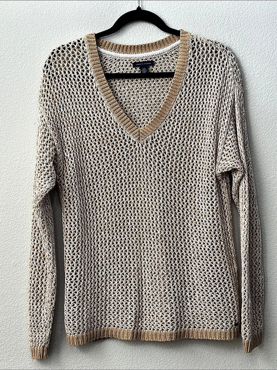 Tommy Hilfiger Sweaters - Tommy Hilfiger Open Knit V-Neck Sweater Beige & White Size Large